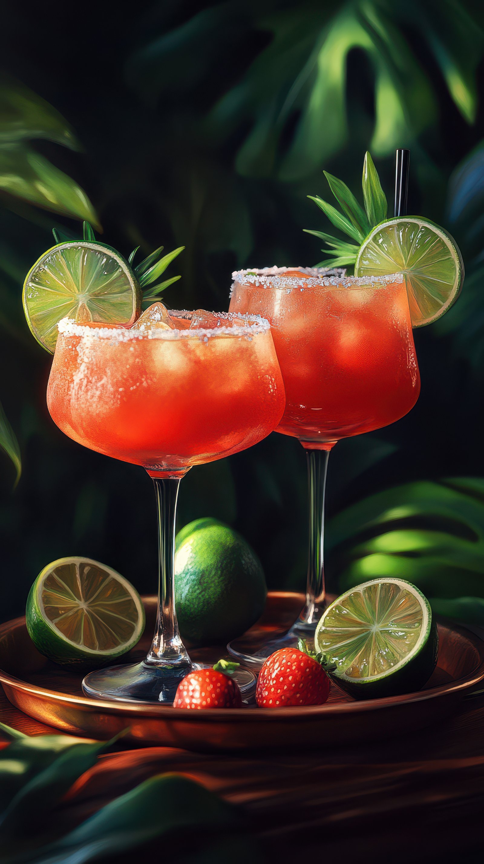 Refreshing fruity cocktails served in elegant glasses surrounded by lush greenery